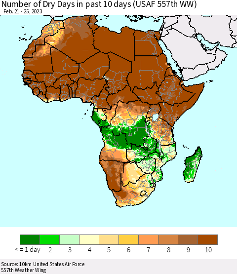 Africa Number of Dry Days in past 10 days (USAF 557th WW) Thematic Map For 2/21/2023 - 2/25/2023