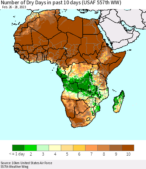 Africa Number of Dry Days in past 10 days (USAF 557th WW) Thematic Map For 2/26/2023 - 2/28/2023
