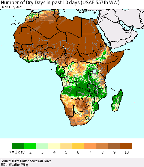 Africa Number of Dry Days in past 10 days (USAF 557th WW) Thematic Map For 3/1/2023 - 3/5/2023