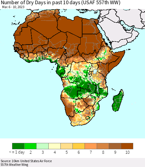 Africa Number of Dry Days in past 10 days (USAF 557th WW) Thematic Map For 3/6/2023 - 3/10/2023