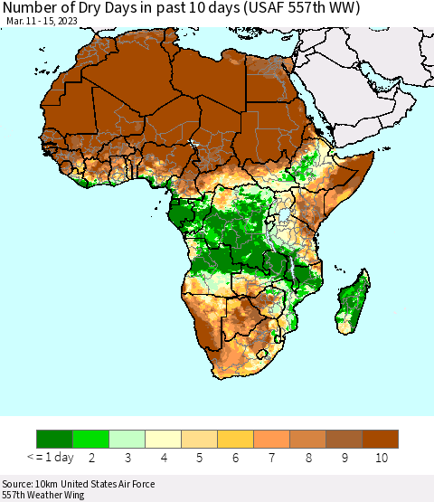 Africa Number of Dry Days in past 10 days (USAF 557th WW) Thematic Map For 3/11/2023 - 3/15/2023