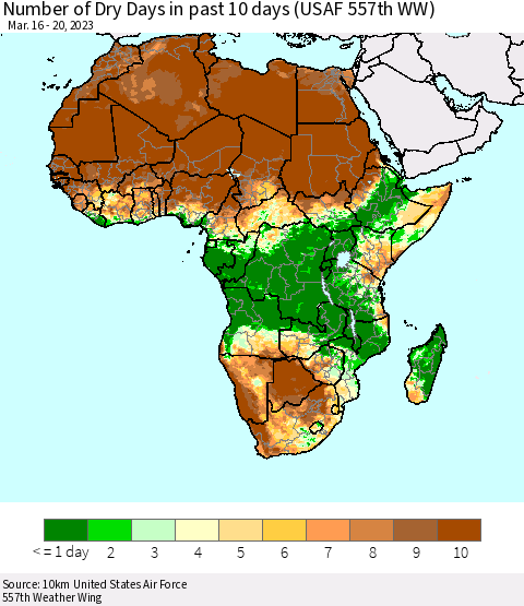 Africa Number of Dry Days in past 10 days (USAF 557th WW) Thematic Map For 3/16/2023 - 3/20/2023
