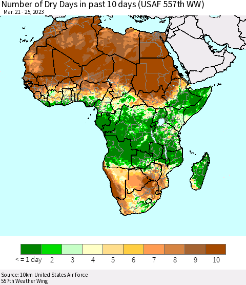 Africa Number of Dry Days in past 10 days (USAF 557th WW) Thematic Map For 3/21/2023 - 3/25/2023