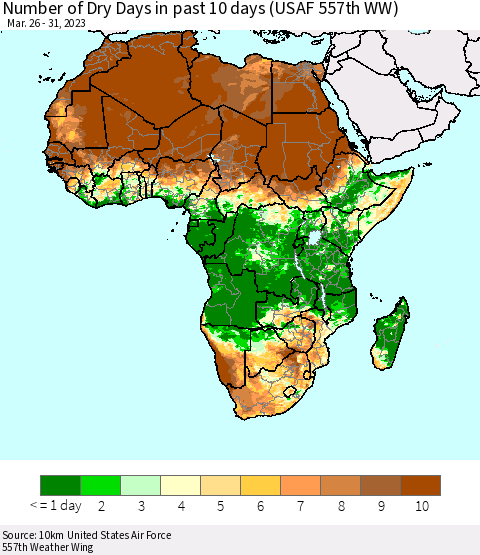 Africa Number of Dry Days in past 10 days (USAF 557th WW) Thematic Map For 3/26/2023 - 3/31/2023