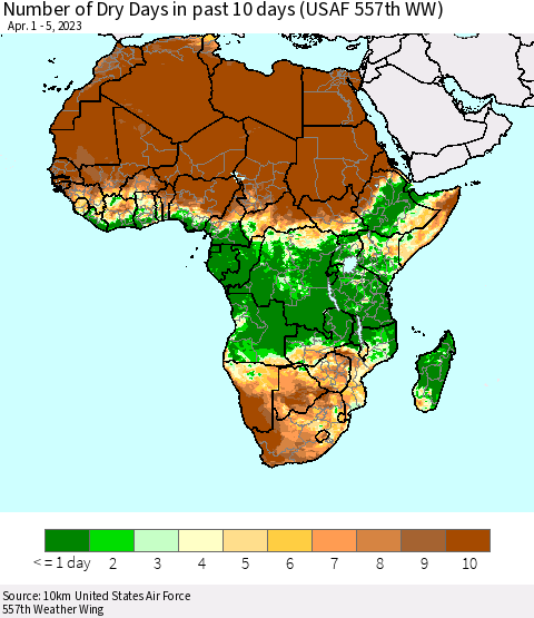 Africa Number of Dry Days in past 10 days (USAF 557th WW) Thematic Map For 4/1/2023 - 4/5/2023