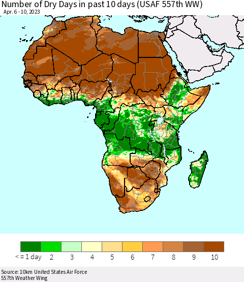 Africa Number of Dry Days in past 10 days (USAF 557th WW) Thematic Map For 4/6/2023 - 4/10/2023