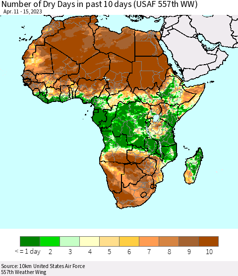 Africa Number of Dry Days in past 10 days (USAF 557th WW) Thematic Map For 4/11/2023 - 4/15/2023