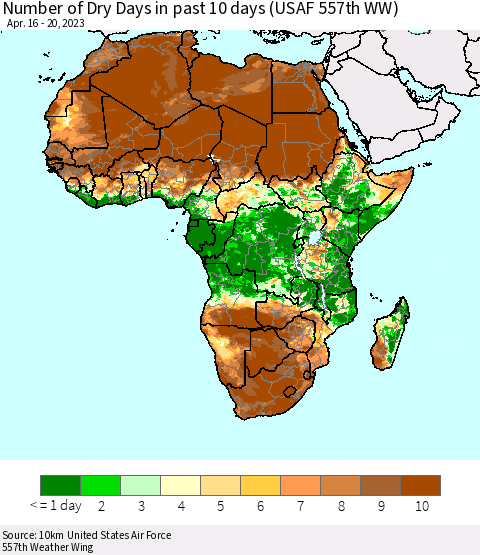 Africa Number of Dry Days in past 10 days (USAF 557th WW) Thematic Map For 4/16/2023 - 4/20/2023