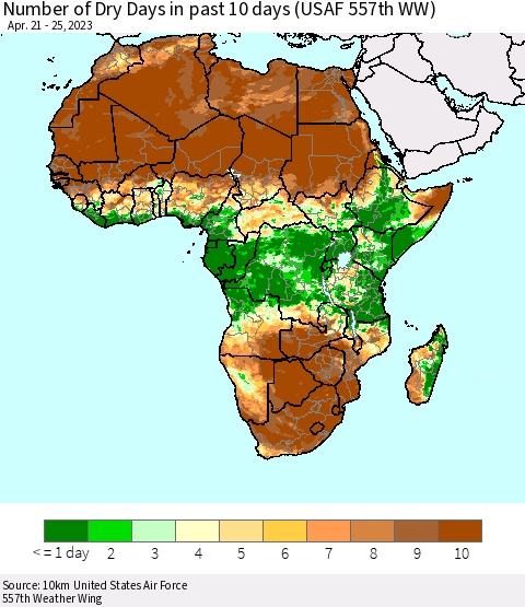 Africa Number of Dry Days in past 10 days (USAF 557th WW) Thematic Map For 4/21/2023 - 4/25/2023