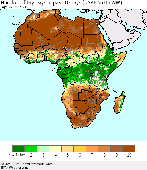 Africa Number of Dry Days in past 10 days (USAF 557th WW) Thematic Map For 4/26/2023 - 4/30/2023