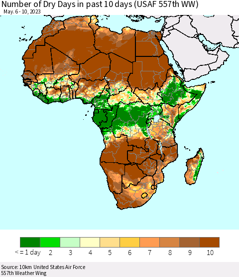 Africa Number of Dry Days in past 10 days (USAF 557th WW) Thematic Map For 5/6/2023 - 5/10/2023