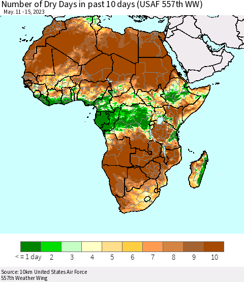 Africa Number of Dry Days in past 10 days (USAF 557th WW) Thematic Map For 5/11/2023 - 5/15/2023