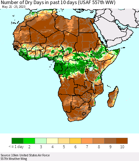 Africa Number of Dry Days in past 10 days (USAF 557th WW) Thematic Map For 5/21/2023 - 5/25/2023