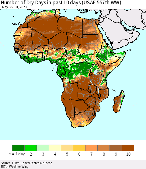Africa Number of Dry Days in past 10 days (USAF 557th WW) Thematic Map For 5/26/2023 - 5/31/2023