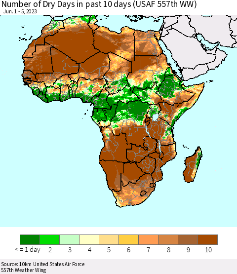 Africa Number of Dry Days in past 10 days (USAF 557th WW) Thematic Map For 6/1/2023 - 6/5/2023