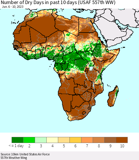 Africa Number of Dry Days in past 10 days (USAF 557th WW) Thematic Map For 6/6/2023 - 6/10/2023