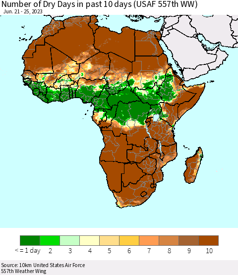 Africa Number of Dry Days in past 10 days (USAF 557th WW) Thematic Map For 6/21/2023 - 6/25/2023