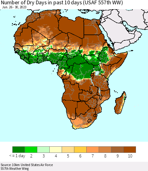 Africa Number of Dry Days in past 10 days (USAF 557th WW) Thematic Map For 6/26/2023 - 6/30/2023