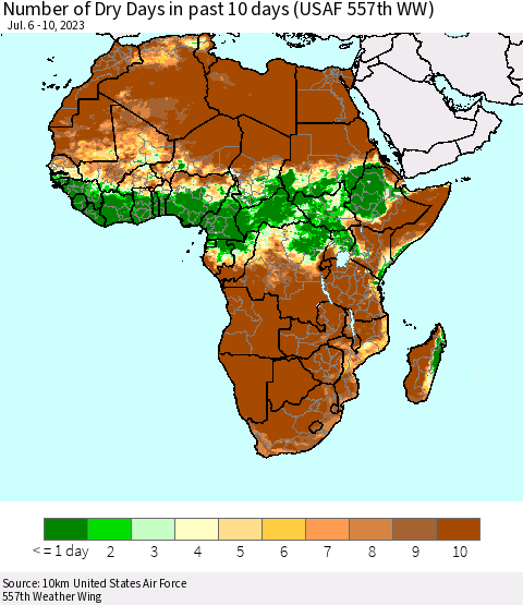 Africa Number of Dry Days in past 10 days (USAF 557th WW) Thematic Map For 7/6/2023 - 7/10/2023