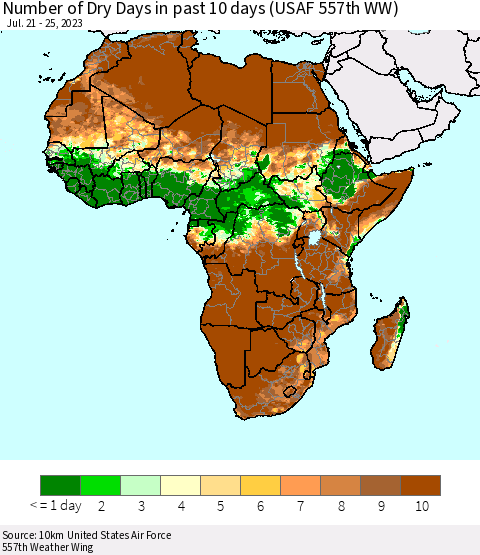 Africa Number of Dry Days in past 10 days (USAF 557th WW) Thematic Map For 7/21/2023 - 7/25/2023