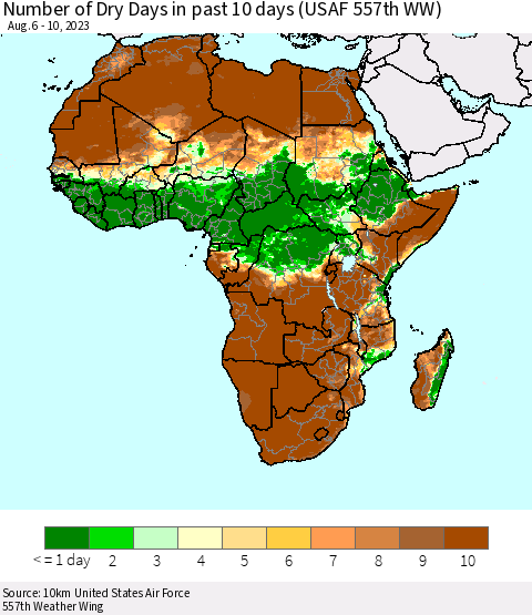 Africa Number of Dry Days in past 10 days (USAF 557th WW) Thematic Map For 8/6/2023 - 8/10/2023