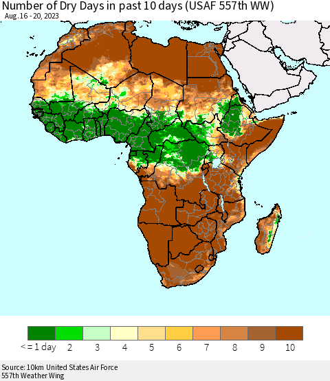 Africa Number of Dry Days in past 10 days (USAF 557th WW) Thematic Map For 8/16/2023 - 8/20/2023