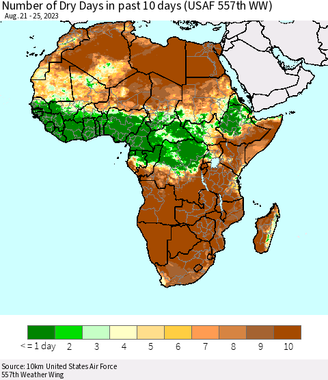 Africa Number of Dry Days in past 10 days (USAF 557th WW) Thematic Map For 8/21/2023 - 8/25/2023