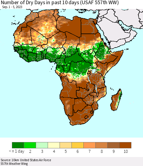 Africa Number of Dry Days in past 10 days (USAF 557th WW) Thematic Map For 9/1/2023 - 9/5/2023