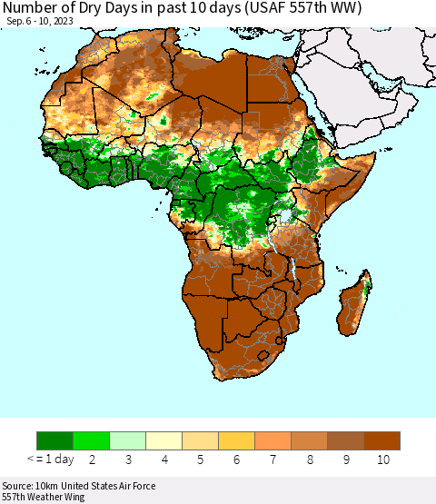 Africa Number of Dry Days in past 10 days (USAF 557th WW) Thematic Map For 9/6/2023 - 9/10/2023