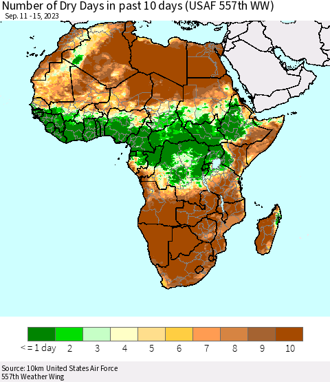 Africa Number of Dry Days in past 10 days (USAF 557th WW) Thematic Map For 9/11/2023 - 9/15/2023