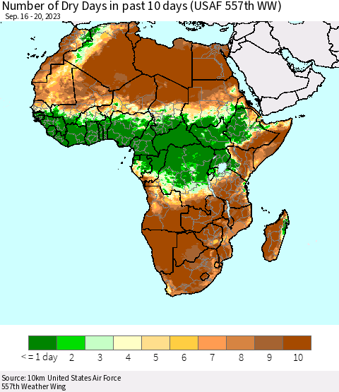 Africa Number of Dry Days in past 10 days (USAF 557th WW) Thematic Map For 9/16/2023 - 9/20/2023