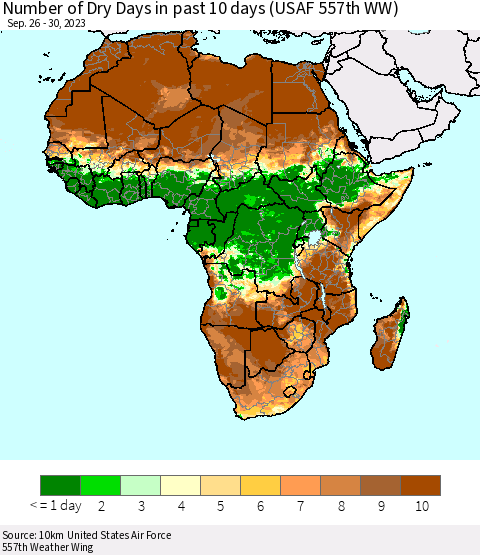 Africa Number of Dry Days in past 10 days (USAF 557th WW) Thematic Map For 9/26/2023 - 9/30/2023