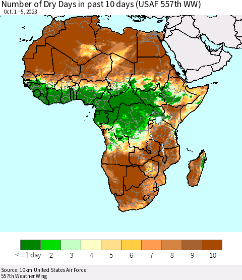 Africa Number of Dry Days in past 10 days (USAF 557th WW) Thematic Map For 10/1/2023 - 10/5/2023