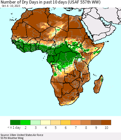 Africa Number of Dry Days in past 10 days (USAF 557th WW) Thematic Map For 10/6/2023 - 10/10/2023