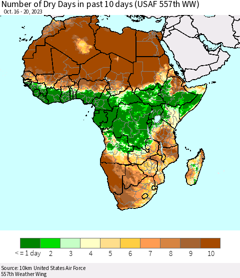 Africa Number of Dry Days in past 10 days (USAF 557th WW) Thematic Map For 10/16/2023 - 10/20/2023