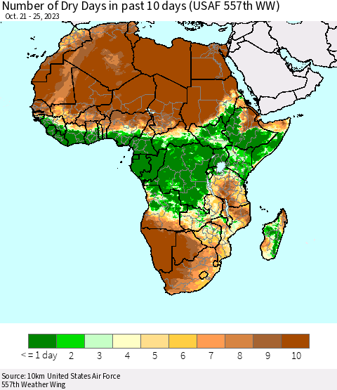 Africa Number of Dry Days in past 10 days (USAF 557th WW) Thematic Map For 10/21/2023 - 10/25/2023