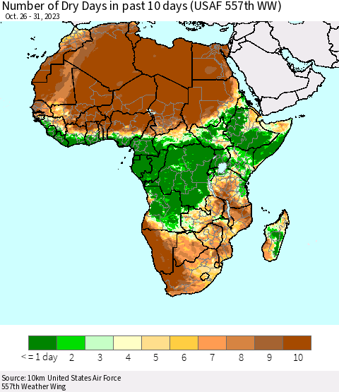 Africa Number of Dry Days in past 10 days (USAF 557th WW) Thematic Map For 10/26/2023 - 10/31/2023