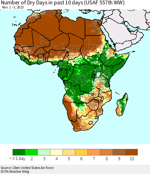Africa Number of Dry Days in past 10 days (USAF 557th WW) Thematic Map For 11/1/2023 - 11/5/2023