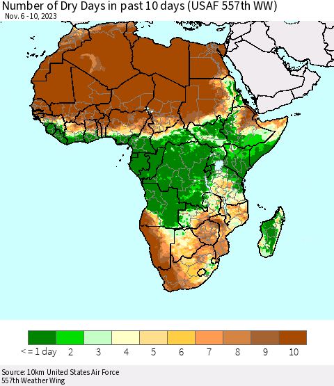 Africa Number of Dry Days in past 10 days (USAF 557th WW) Thematic Map For 11/6/2023 - 11/10/2023