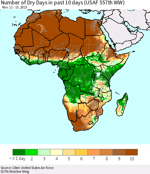 Africa Number of Dry Days in past 10 days (USAF 557th WW) Thematic Map For 11/11/2023 - 11/15/2023