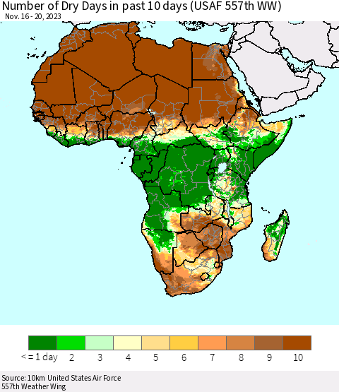 Africa Number of Dry Days in past 10 days (USAF 557th WW) Thematic Map For 11/16/2023 - 11/20/2023