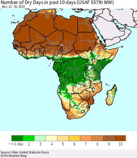 Africa Number of Dry Days in past 10 days (USAF 557th WW) Thematic Map For 11/21/2023 - 11/25/2023