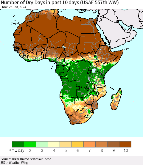 Africa Number of Dry Days in past 10 days (USAF 557th WW) Thematic Map For 11/26/2023 - 11/30/2023