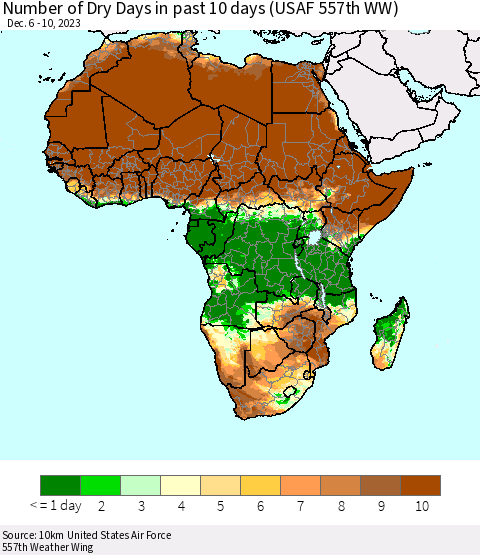 Africa Number of Dry Days in past 10 days (USAF 557th WW) Thematic Map For 12/6/2023 - 12/10/2023