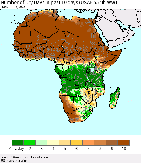 Africa Number of Dry Days in past 10 days (USAF 557th WW) Thematic Map For 12/11/2023 - 12/15/2023