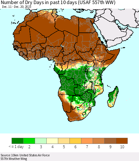 Africa Number of Dry Days in past 10 days (USAF 557th WW) Thematic Map For 12/16/2023 - 12/20/2023