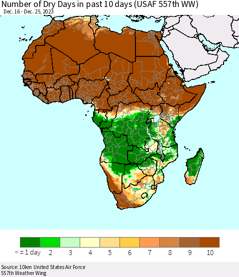 Africa Number of Dry Days in past 10 days (USAF 557th WW) Thematic Map For 12/21/2023 - 12/25/2023
