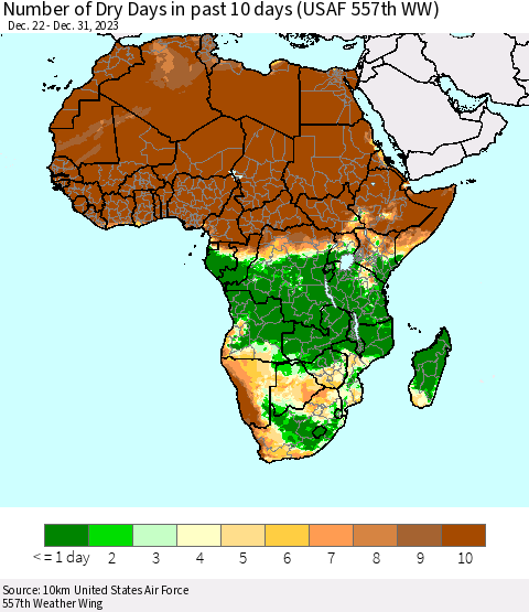Africa Number of Dry Days in past 10 days (USAF 557th WW) Thematic Map For 12/26/2023 - 12/31/2023