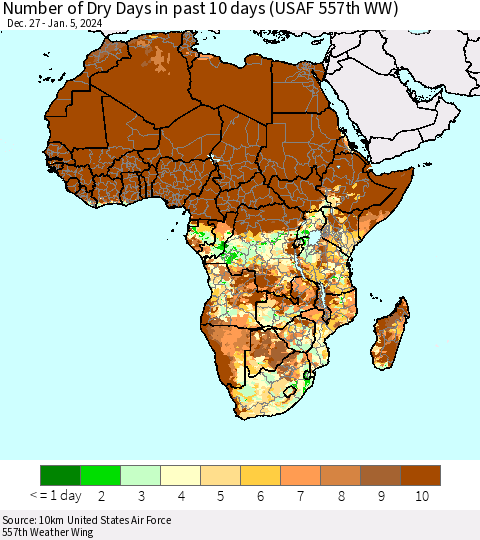 Africa Number of Dry Days in past 10 days (USAF 557th WW) Thematic Map For 1/1/2024 - 1/5/2024