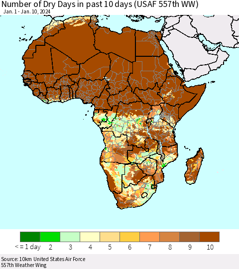 Africa Number of Dry Days in past 10 days (USAF 557th WW) Thematic Map For 1/6/2024 - 1/10/2024